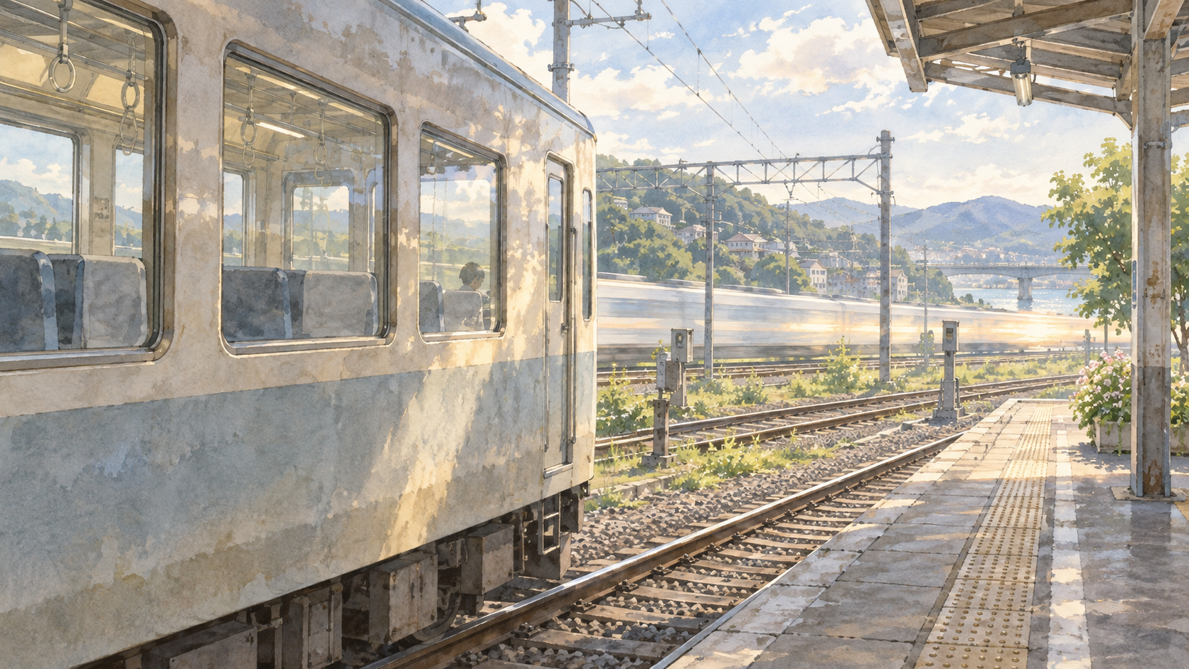 駅のホーム脇に電車が静かに停まり、奥を別の列車が光の帯となって通り過ぎていく水彩イラスト